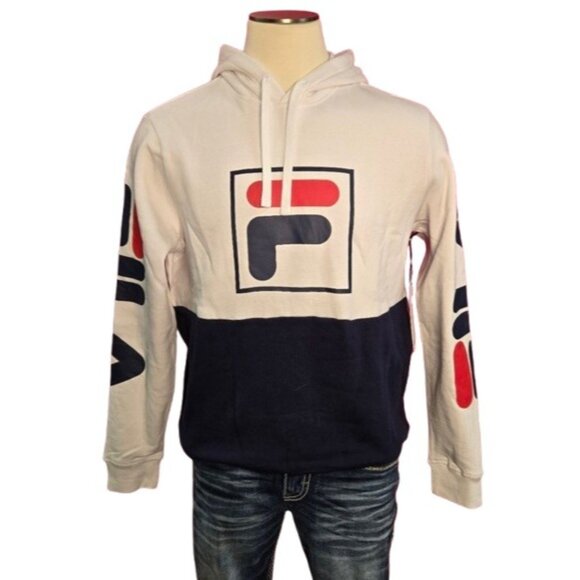 FILA Men’s Graphic Logo Hoodie – White/Navy Colorblock Pullover with Sleeve Prin - Picture 1 of 10